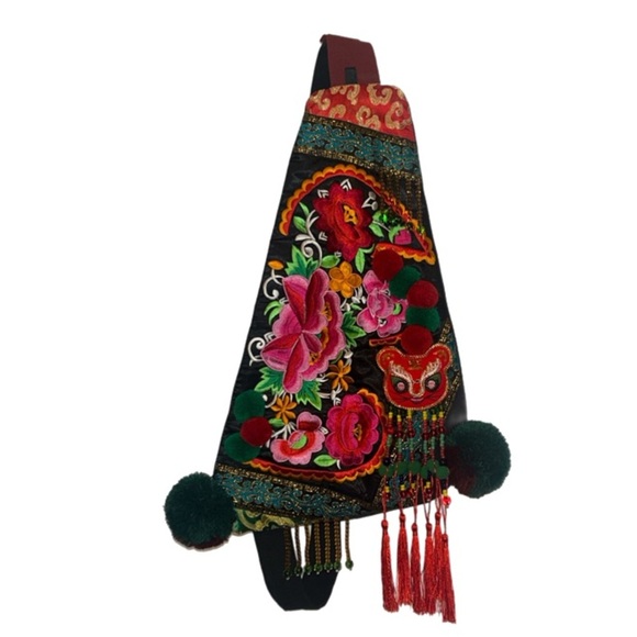 Ethnic Handmade Embroidery Black Floral Sling Bag With Tassels, Pom Poms & Beads - Picture 2 of 8